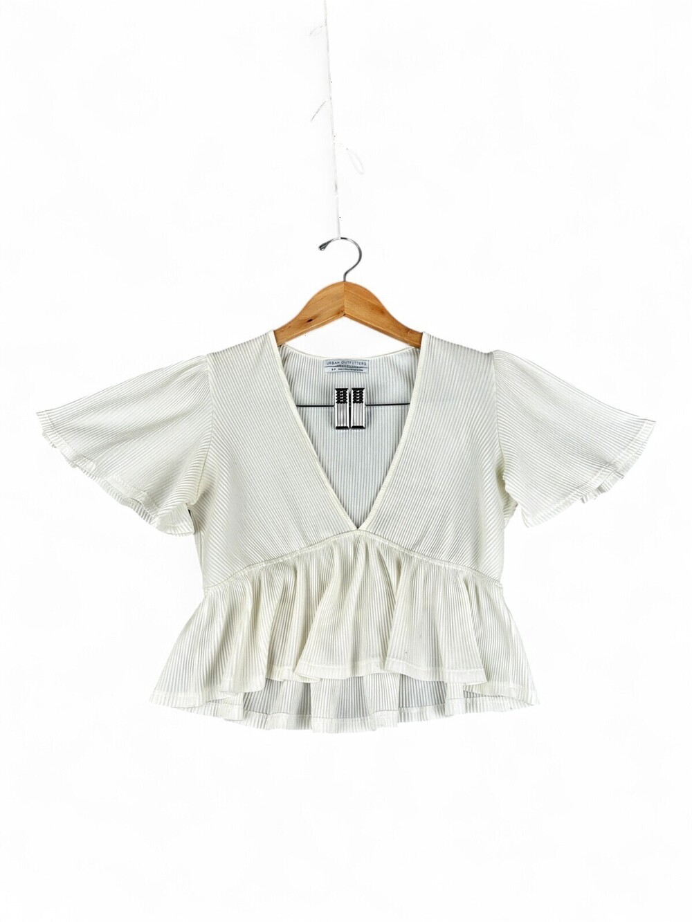 Urban Outfitters White Ribbed V-Neck Peplum Flutter Sleeve Top S